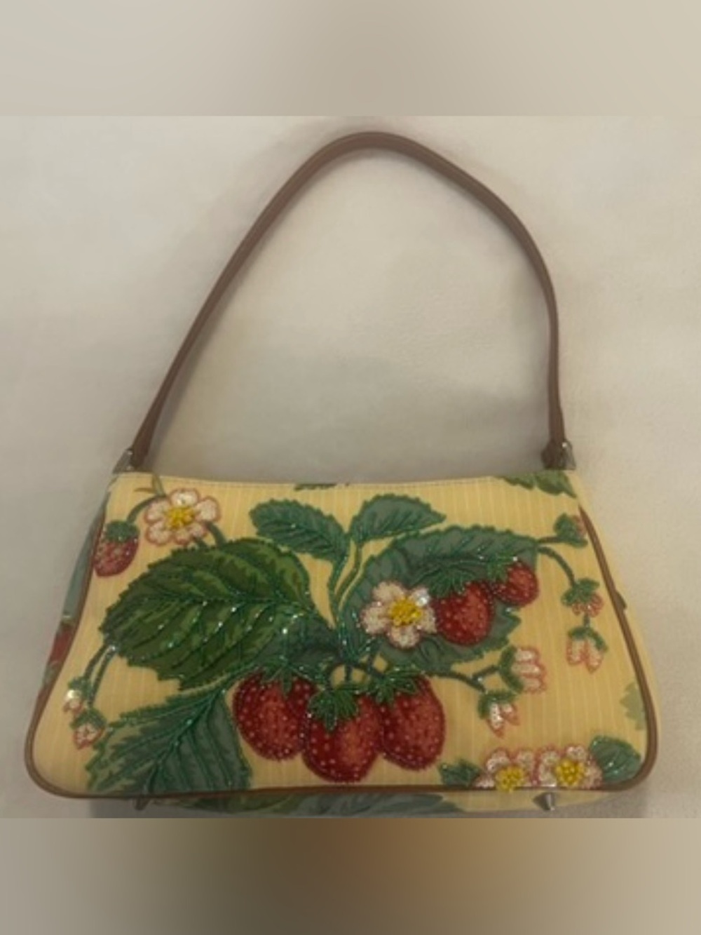 Isabella Fiore Yellow Shoulder Bag with Red Strawberry Beadwork and Brown Strap